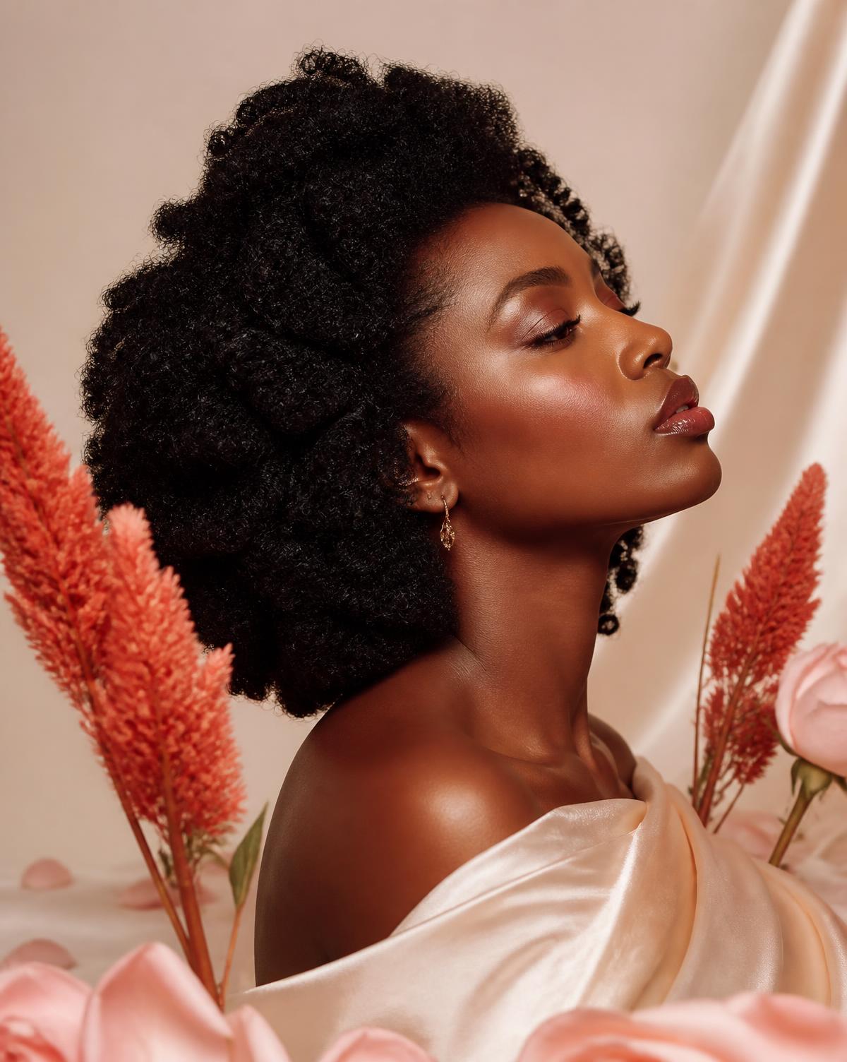 Black woman with defined 4C coily natural hair among celosia blooms and ivory silk